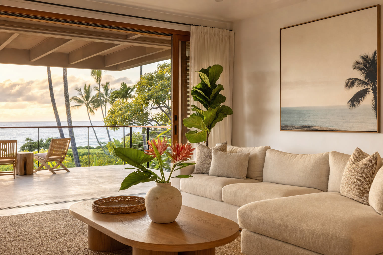 Linen sofa, light oak floors, and open lanai doors in a Kona vacation rental living room at golden hour.